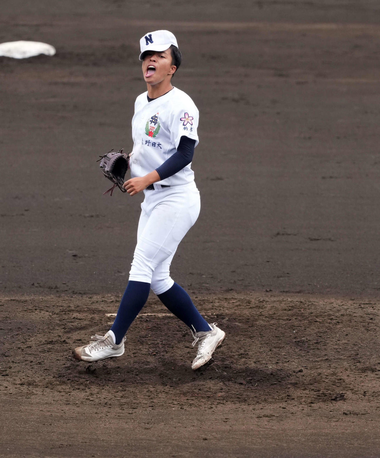 佐野日大対習志野　7回からマウンドに上がり、無失点の抑えほえる佐野日大・洲永（撮影・たえ見朱実）
