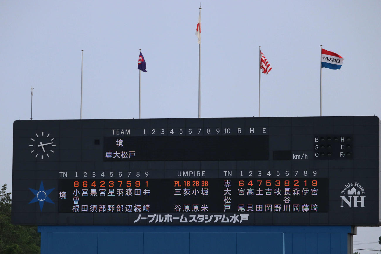 境対専大松戸　試合前のスコアボード（撮影・保坂淑子）