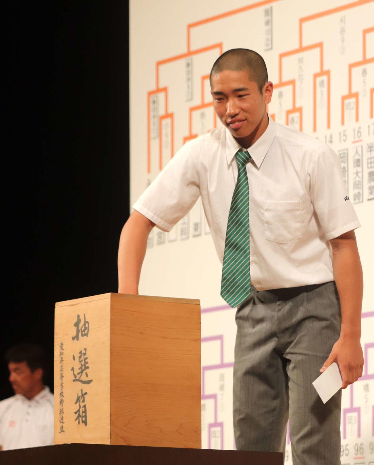 愛知大会の抽選会に臨んだ、名古屋たちばな主将・浅井（撮影・中島麗）