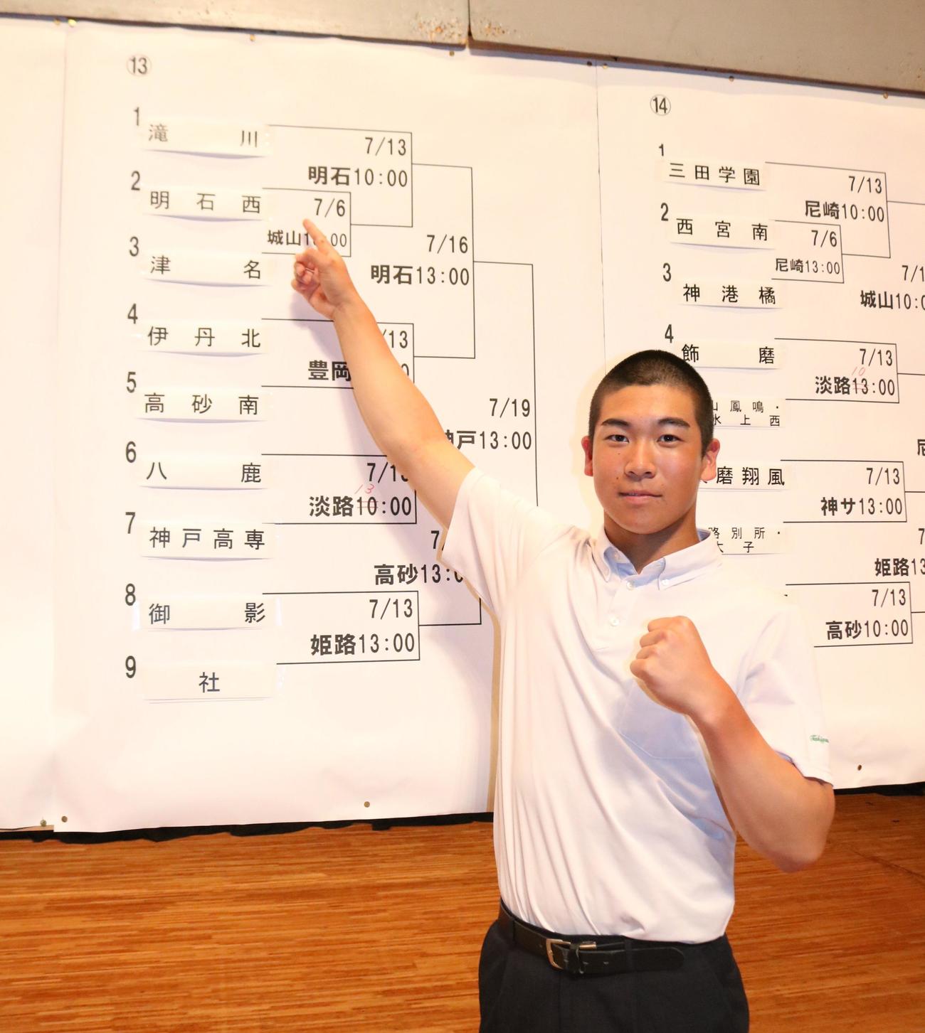 滝川の新井主将が「滝川」の校名を指さしながらガッツポーズする（撮影・林亮佑）