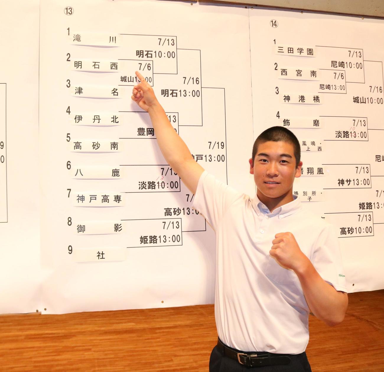 滝川の新井主将が「滝川」の校名を指さしながらガッツポーズする（撮影・林亮佑）