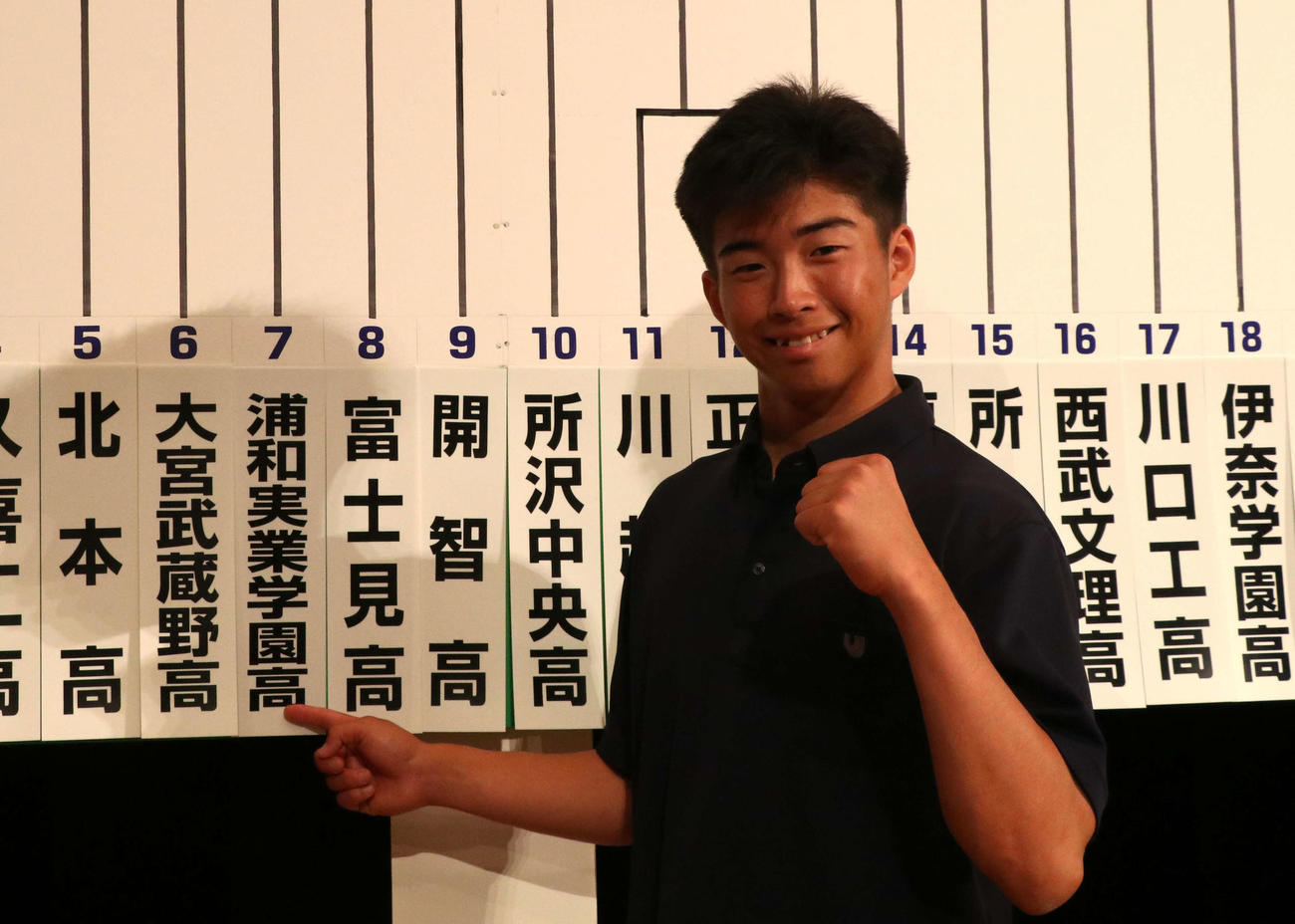 校名の札を指さしガッツポーズをする浦和実・小野主将（撮影・山本佳央）