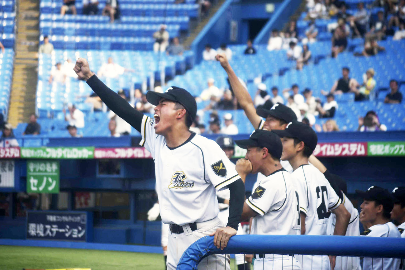 9回谷沢の同点適時打に喜ぶ開成ベンチ（撮影・平山連）