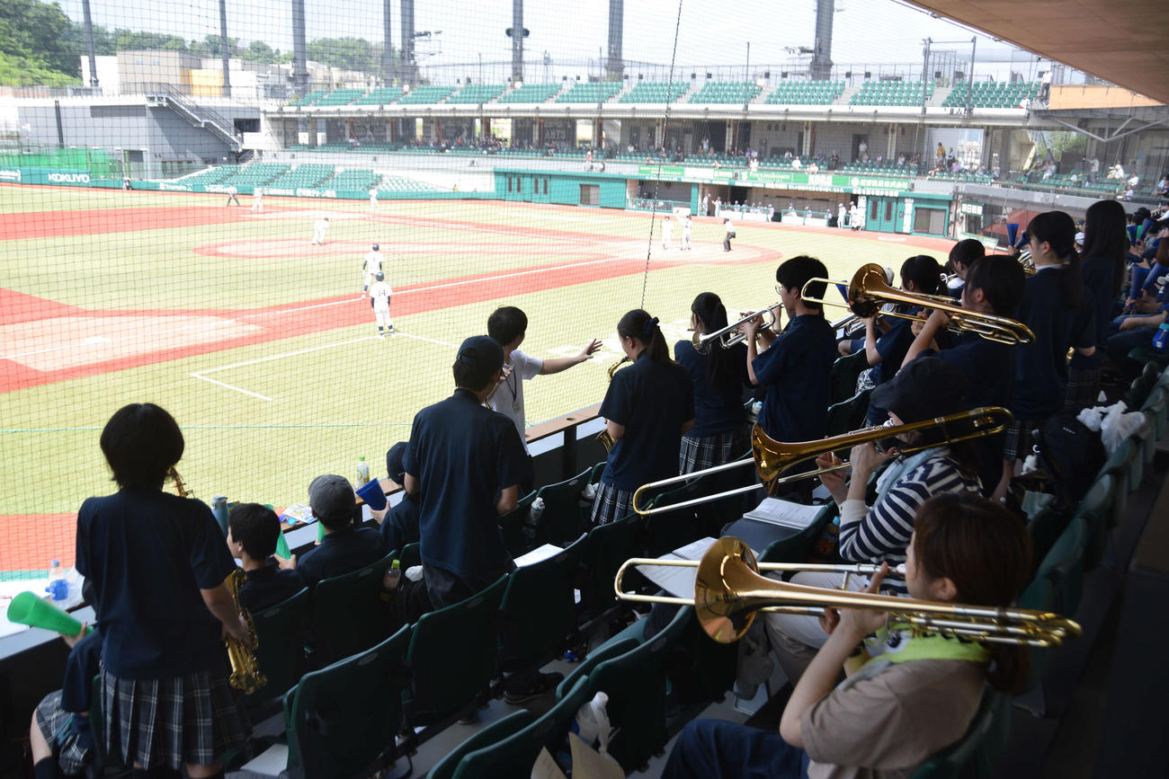 筑波大付対深川　ジャイアンツタウンスタジアムの三塁側スタンドで応援する深川のブラスバンド（撮影・泉光太郎）