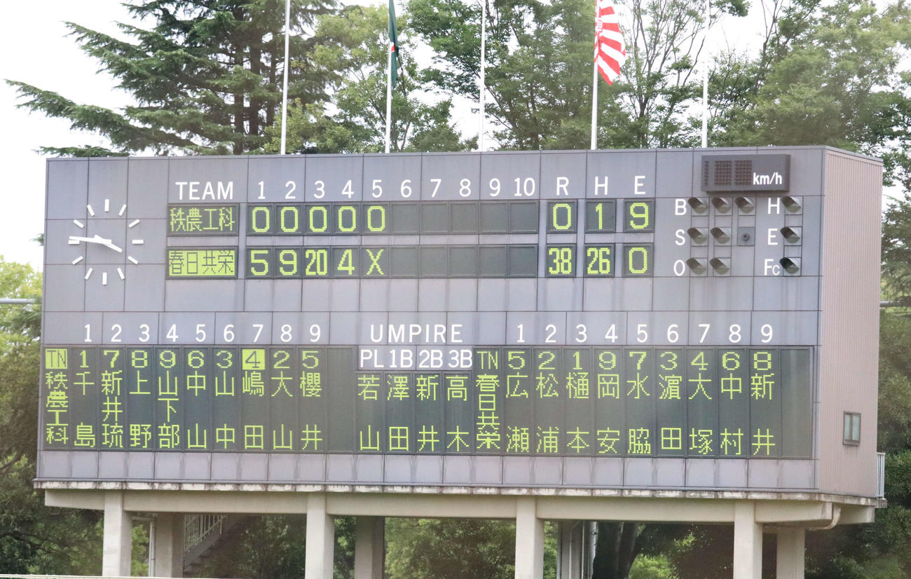 秩父農工科対春日部共栄　試合終了後のスコアボード（撮影・山本佳央）
