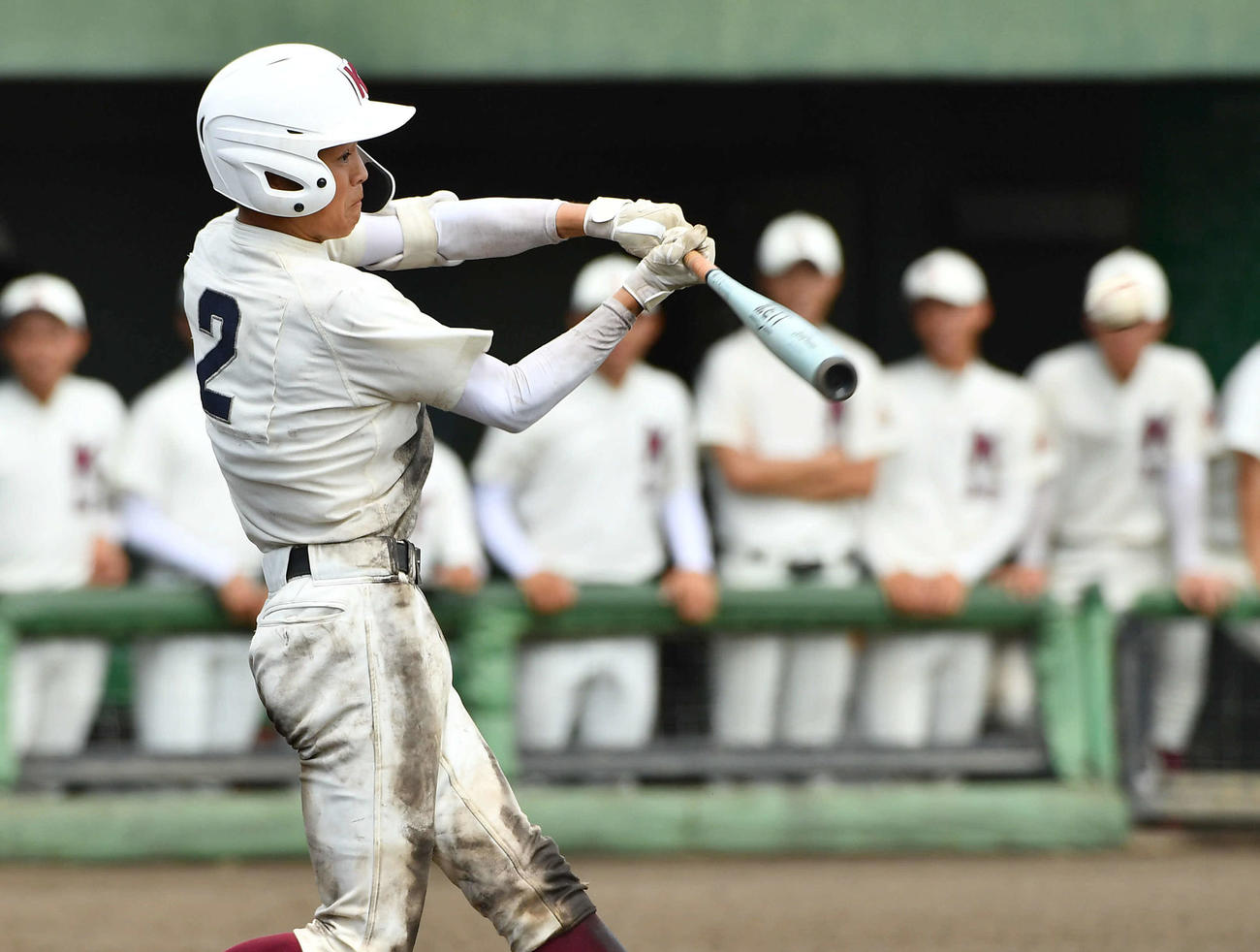 明善対春日　7回裏春日2死満塁、井河はコールド勝ちを決める左前適時打を放つ（撮影・岩下翔太）