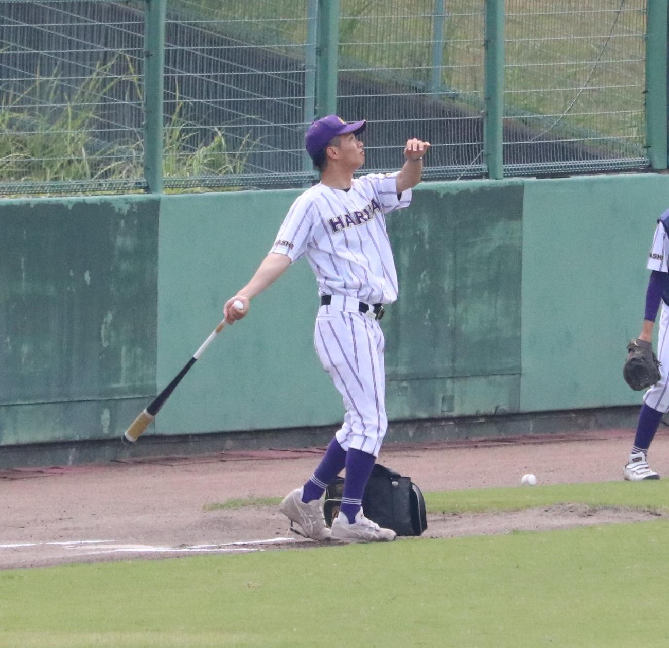 東播磨対市西宮　東播磨の福村悠渡コーチが外野ノックをする（撮影・林亮佑）