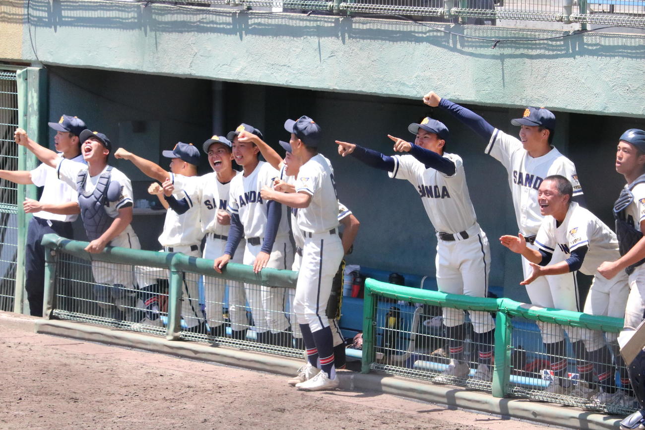 三田学園対須磨翔風　6回、三田学園が逆転に成功して盛り上がるベンチ（撮影・林亮佑）