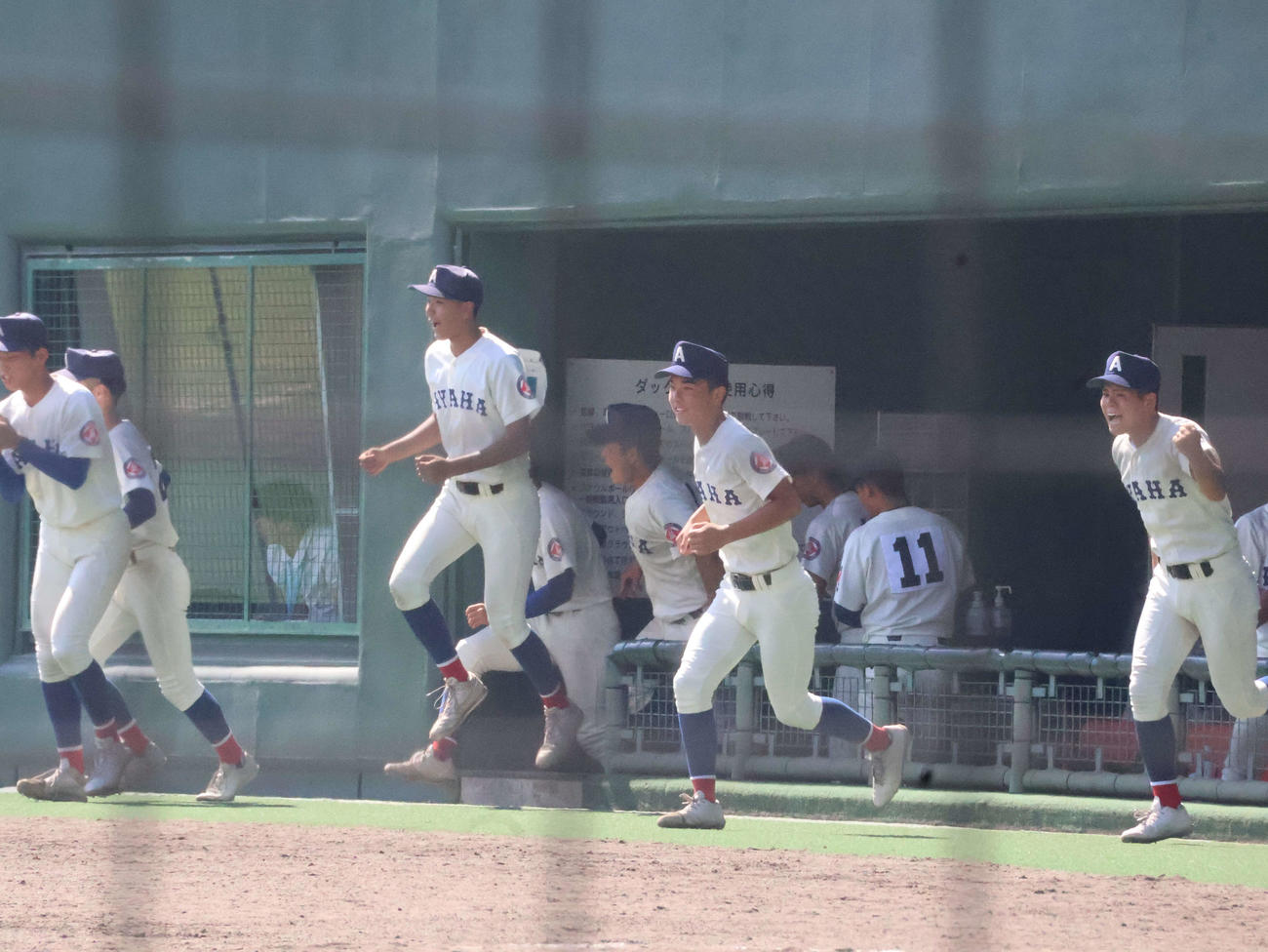 伊香対綾羽　勝利し、ベンチから飛び出る綾羽の選手たち（撮影・溝淵千夏）