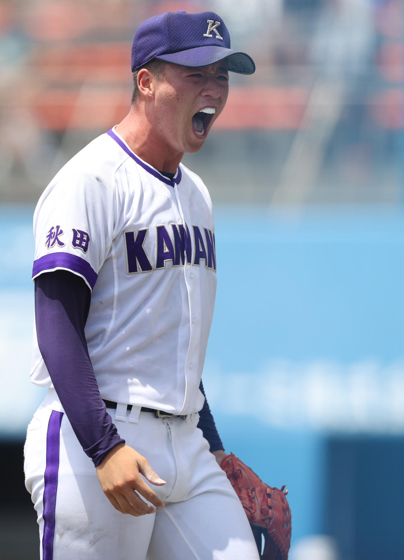 鹿角対金足農　8回表鹿角2死三塁、奈良を三振に打ち取りほえる吉田大輝（2025年7年22日撮影）