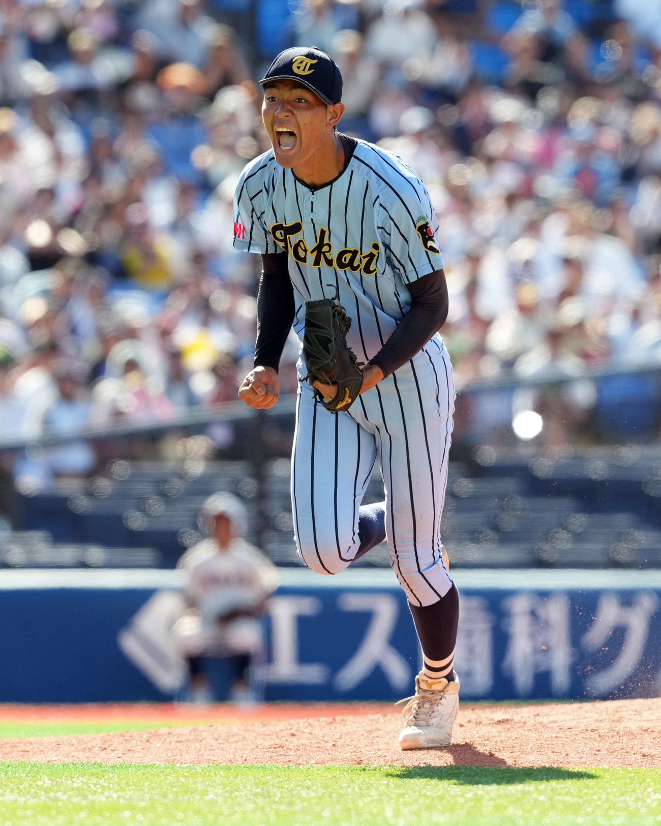 向上対東海大相模　8回表、ピンチを脱しほえる東海大相模・福田（撮影・たえ見朱実）