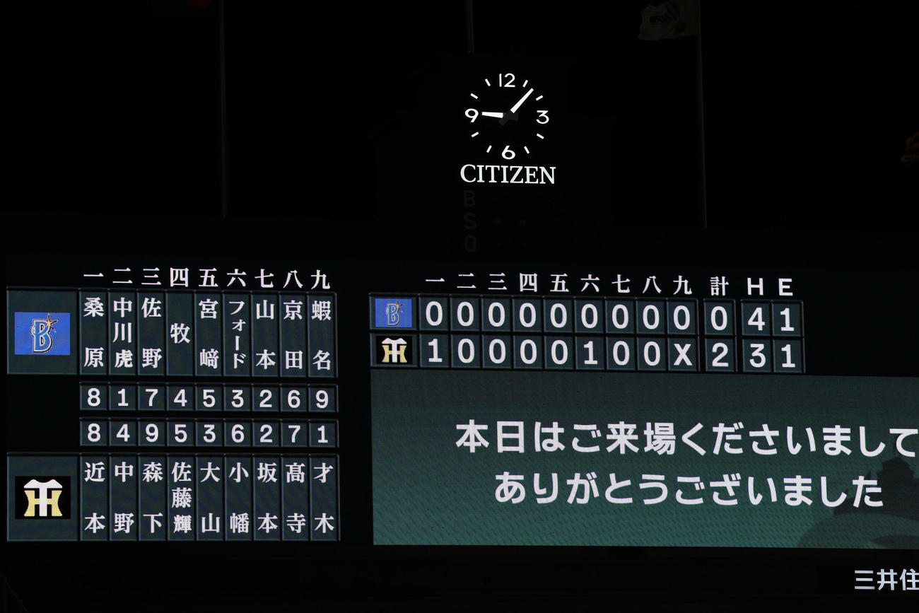 阪神対DeNA　試合後のスコアボード（撮影・前田充）
