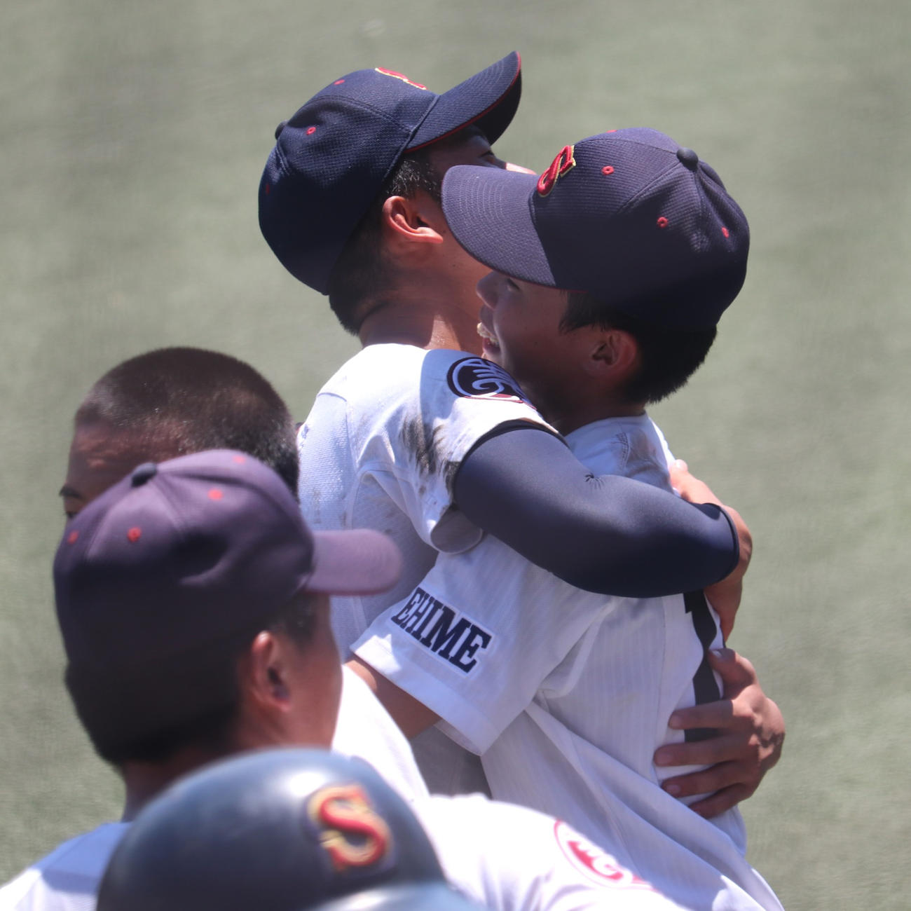 愛媛大会決勝　松山商対済美　延長10回タイブレークの末にサヨナラ勝ちし、抱き合う済美ナイン（撮影・中島麗）