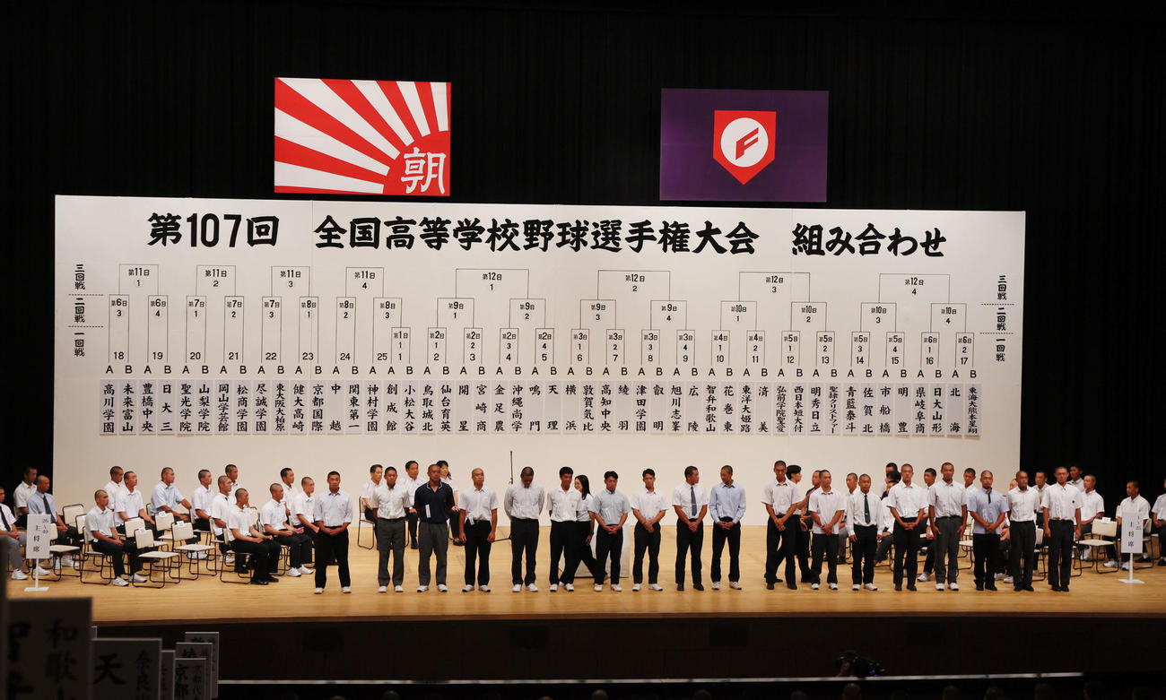 第107回全国高等学校野球選手権大会　組み合わせ抽選を終え、選手宣誓の抽選を行う立候補した主将たち（撮影・加藤哉）