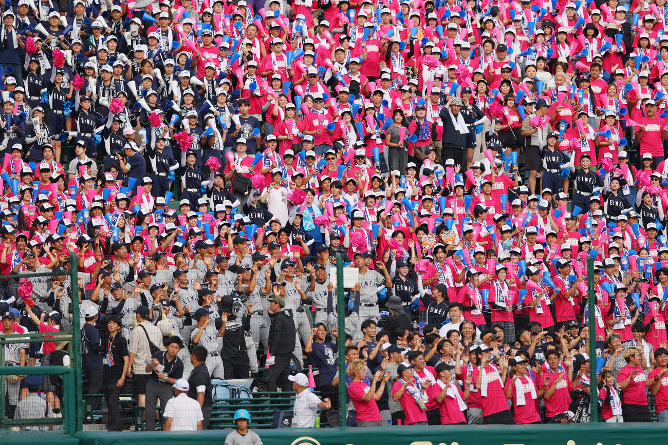 叡明対津田学園　グラウンドの選手らに声援を送るアルプスの叡明応援団（撮影・上山淳一）