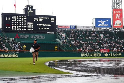 敦賀気比対横浜 4回裏、水浸しとなり、阪神園芸によってグラウンド整備が行われる甲子園(撮影・清水貴仁)
