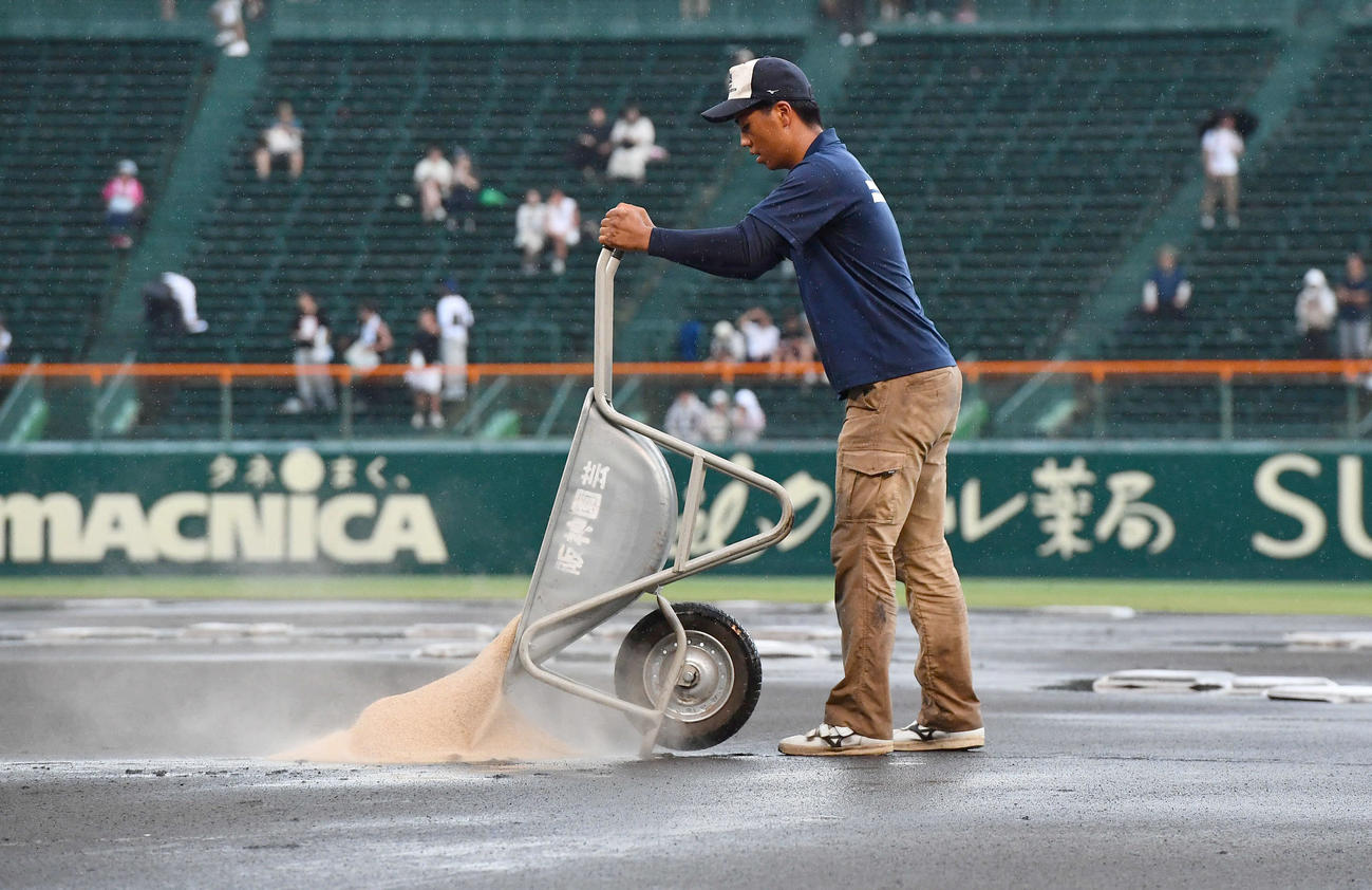 敦賀気比対横浜　4回裏、雨が弱まり阪神園芸の職員によるグラウンド整備が始まる（撮影・岩下翔太）