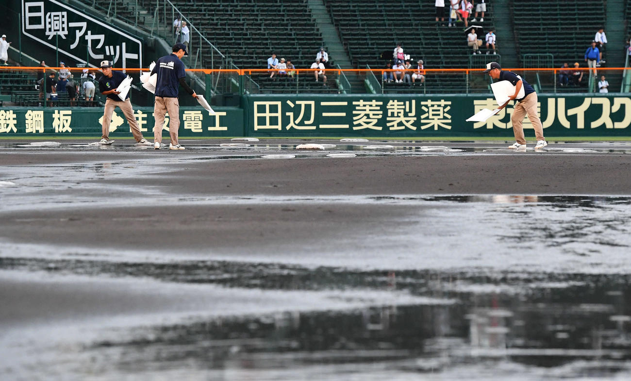 敦賀気比対横浜　4回裏、雨が弱まり阪神園芸の職員によるグラウンド整備が始まる（撮影・岩下翔太）