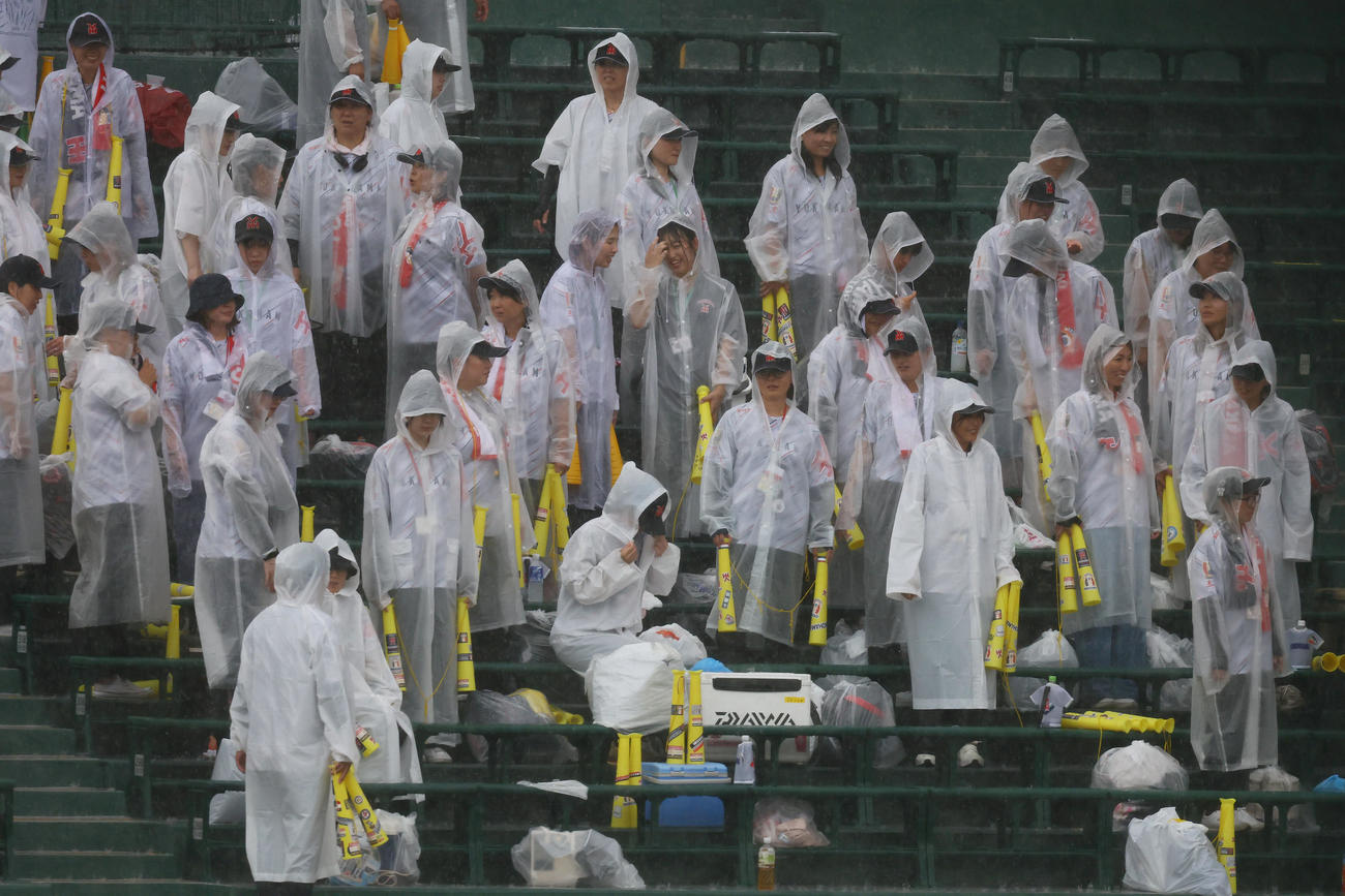 敦賀気比対横浜　試合が雨で中断するも、スタンドで再開を待つ横浜の保護者応援団（撮影・藤尾明華）