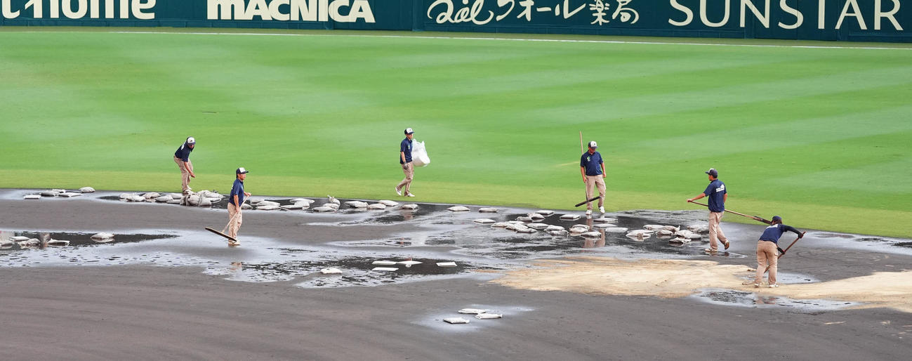 敦賀気比対横浜　4回裏、水浸しとなり、阪神園芸によってグラウンド整備が行われる甲子園（撮影・清水貴仁）