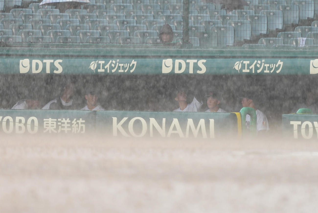 敦賀気比対横浜　4回裏、降雨中断となりベンチで待機する横浜ナイン（撮影・清水貴仁）
