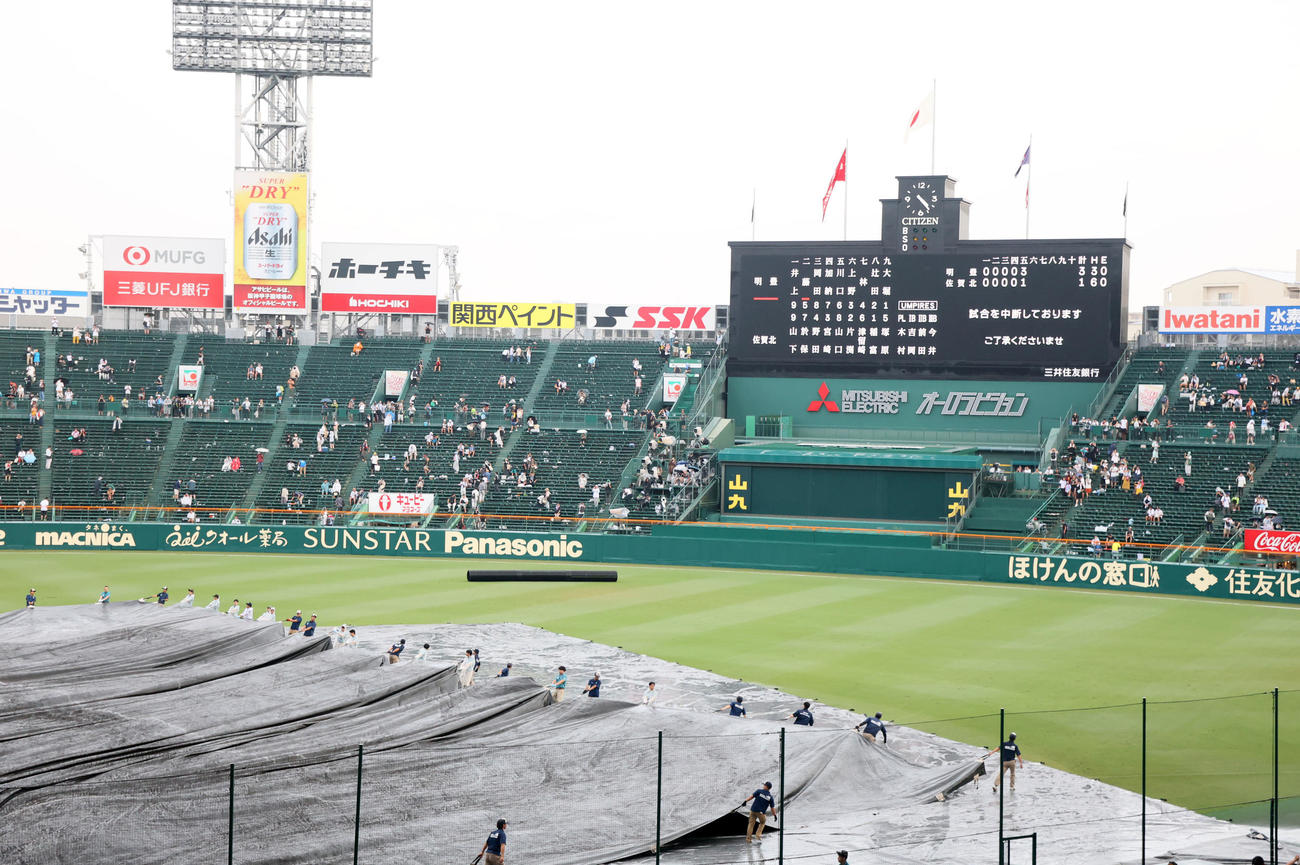 明豊対佐賀北　グラウンドにかけられていたシートを外す阪神園芸の職員たち（撮影・加藤哉）