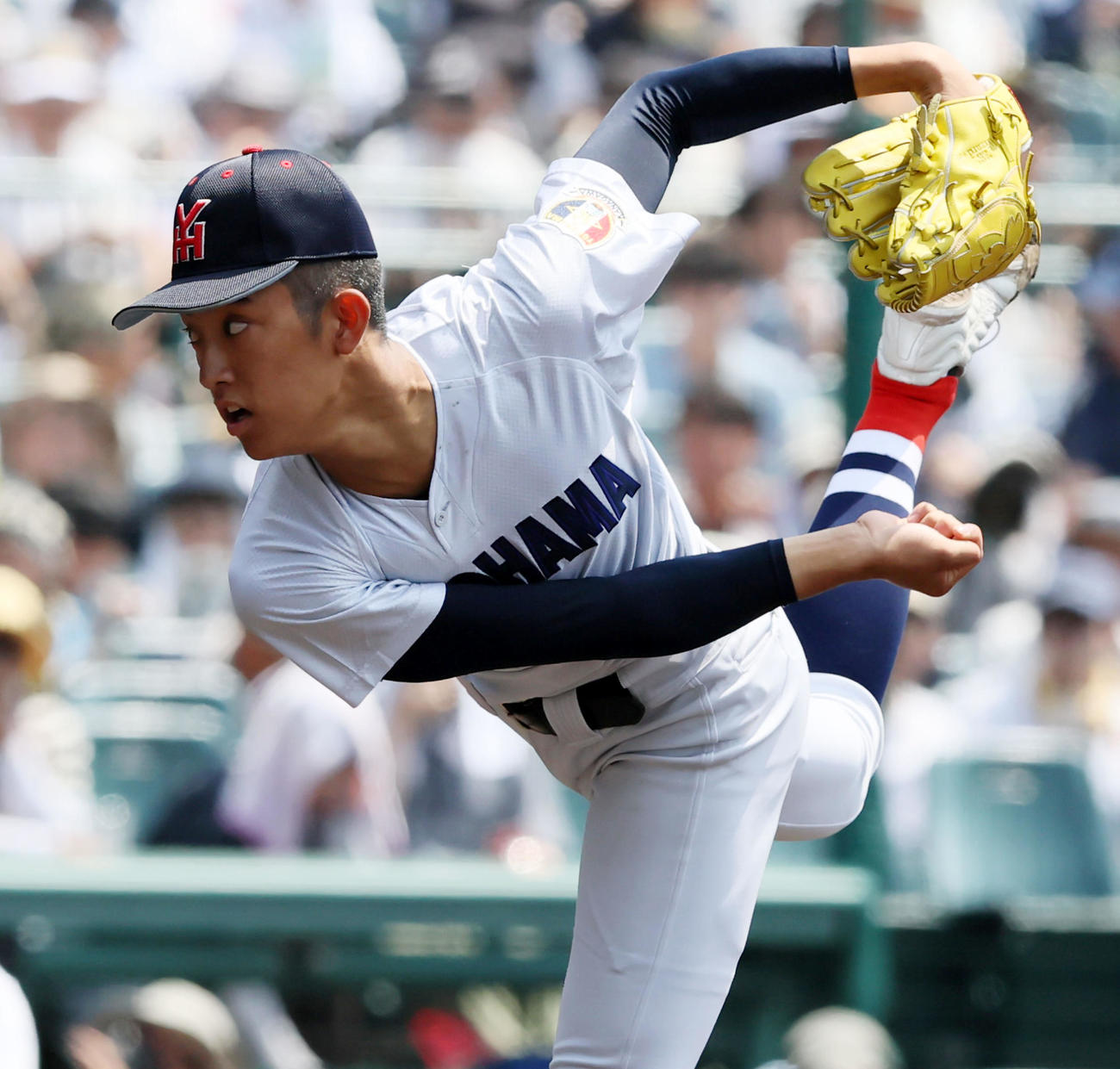 横浜対津田学園　津田学園戦に先発する横浜・織田（撮影・加藤哉）