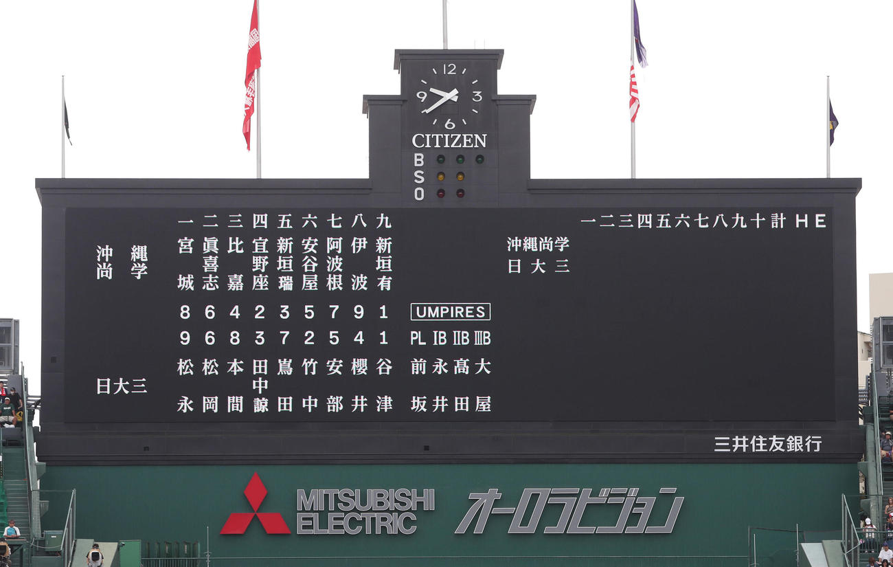 沖縄尚学対日大三　決勝戦の両校スタメン（撮影・白石智彦）