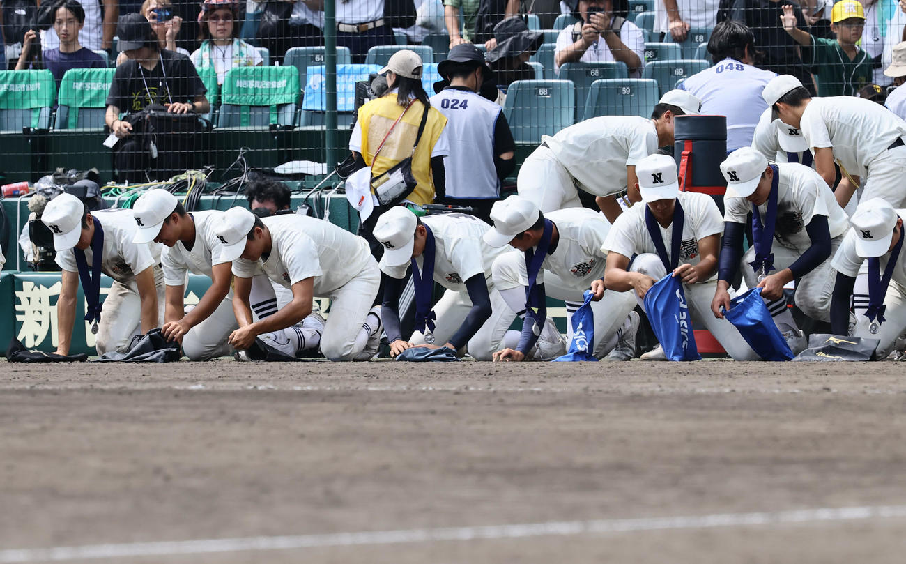 沖縄尚学対日大三　土を拾う日大三ナイン（撮影・藤尾明華）