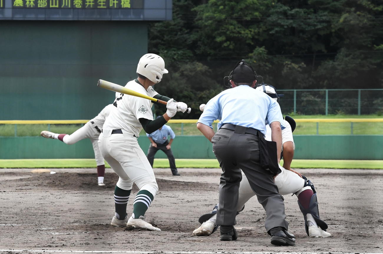 0－1の4回裏2死満塁で走者一掃の適時三塁打を放つ新発田農・高橋（左）（撮影・小林忠）