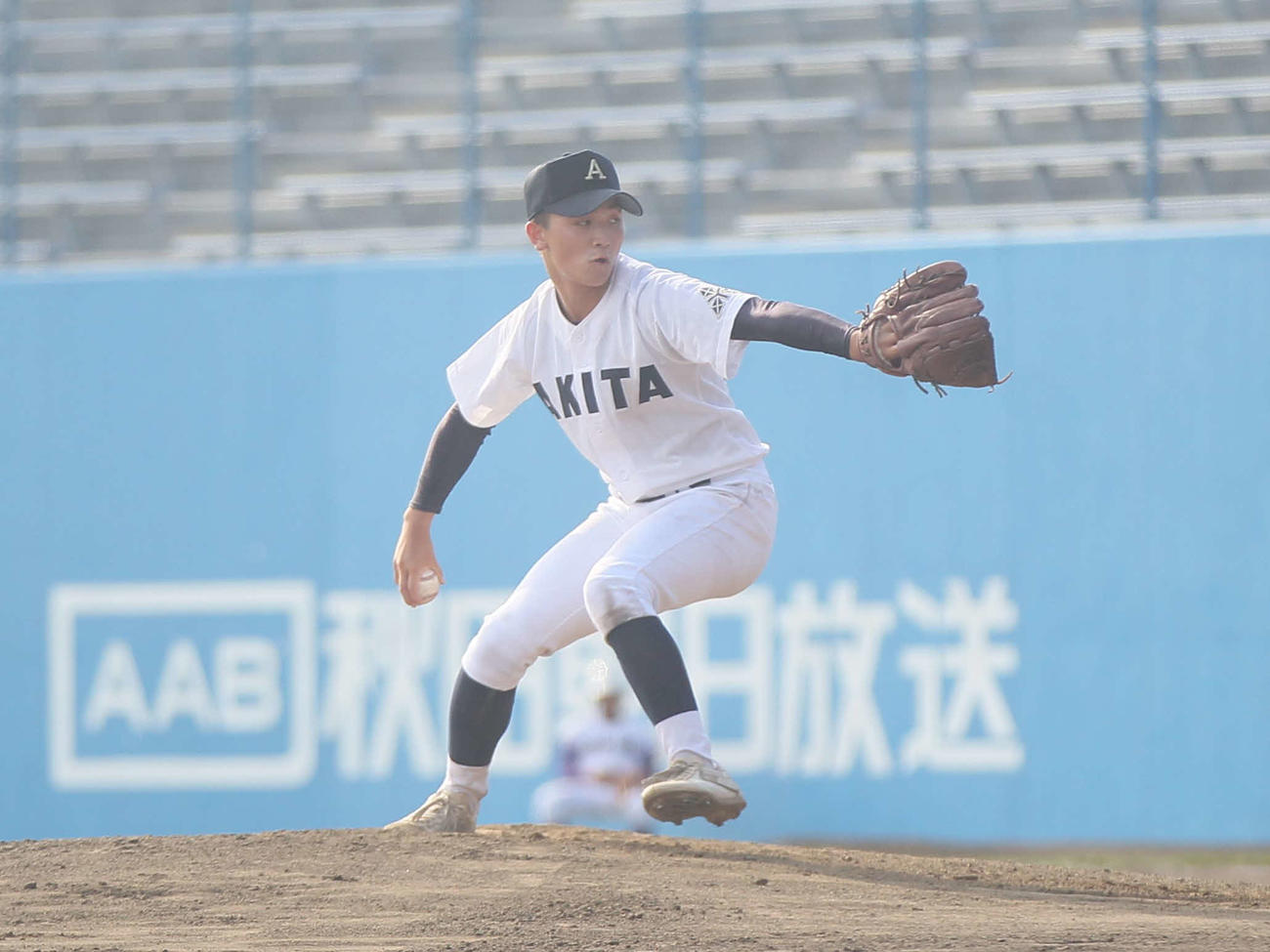 秋田対大館桂桜　7回から救援登板した秋田・工藤克輝投手（撮影・高橋香奈）