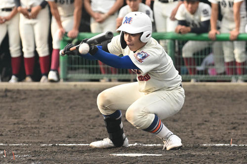 大阪桐蔭対神戸国際大付　8回裏神戸国際大付1死満塁、井本はスクイズを決める（撮影・滝沢美穂子）