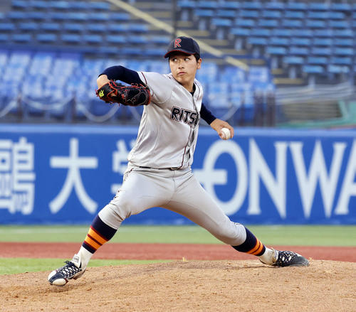 立命大対東農大北海道オホーツク　立命大2番手で登板した有馬（撮影・山本朝陽）
