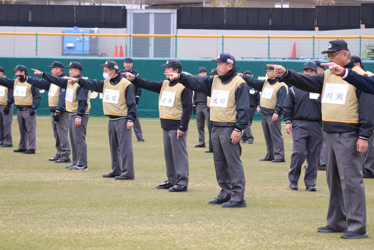 中学野球の審判員がジャッジの練習をする（撮影・林亮佑）