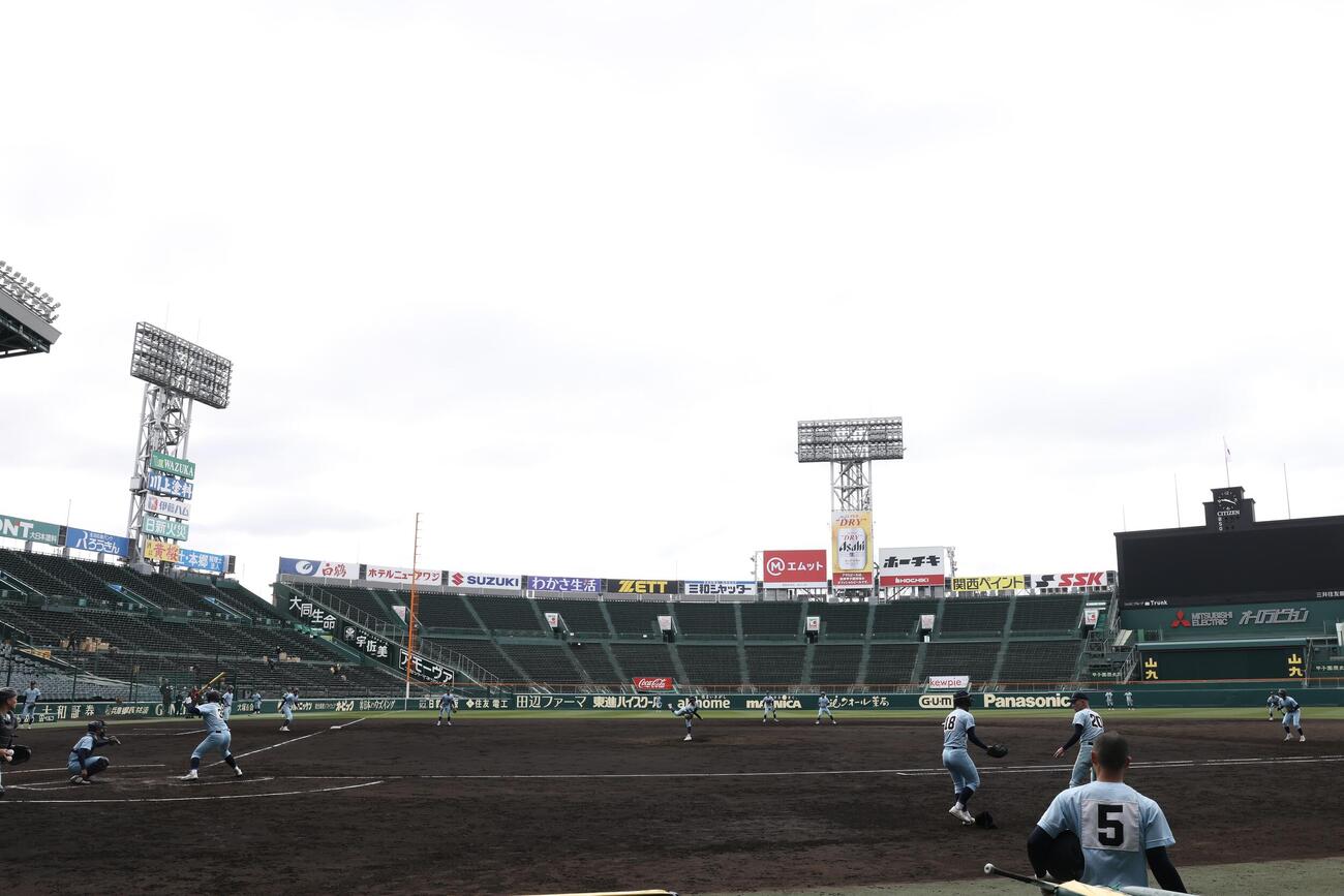 甲子園球場で練習を行う近江の選手たち（撮影・前田充）