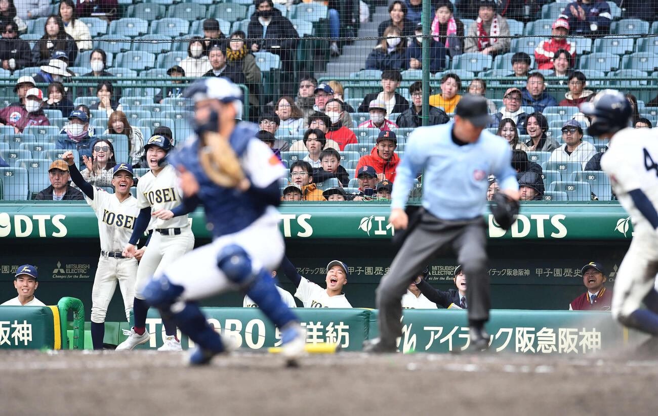 滋賀学園対八戸学院光星　8回裏八戸学院光星1死一、二塁、菅沼が勝ち越しの左前適時打を放ち、歓喜する八戸学院光星ナイン（撮影・岩下翔太）