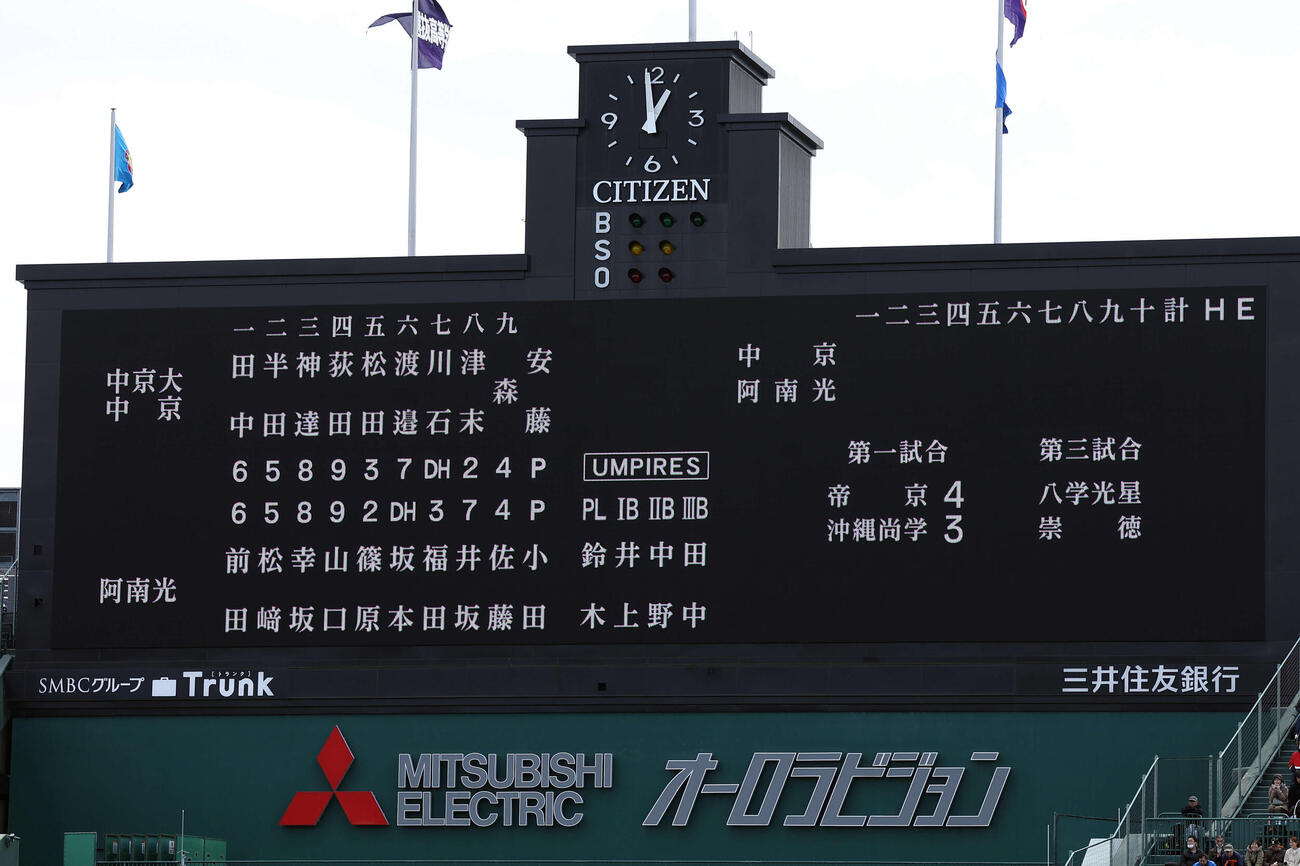 中京大中京対阿南光　両チームのスターティングメンバー（撮影・前田充）
