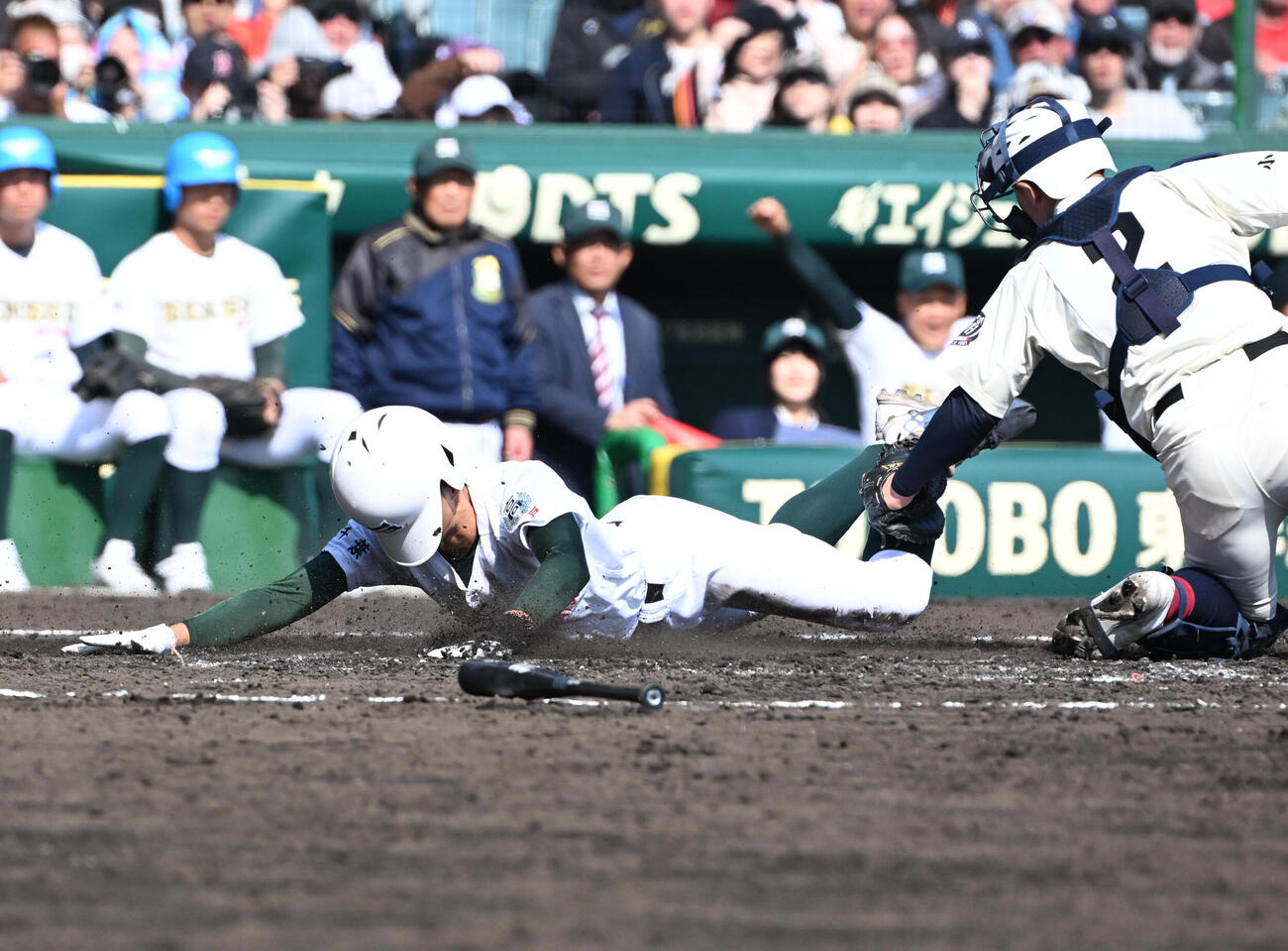 専大松戸対北照　4回表専大松戸1死一、二塁　長谷川大納の適時打で生還する高貝規仁（撮影・石井愛子）