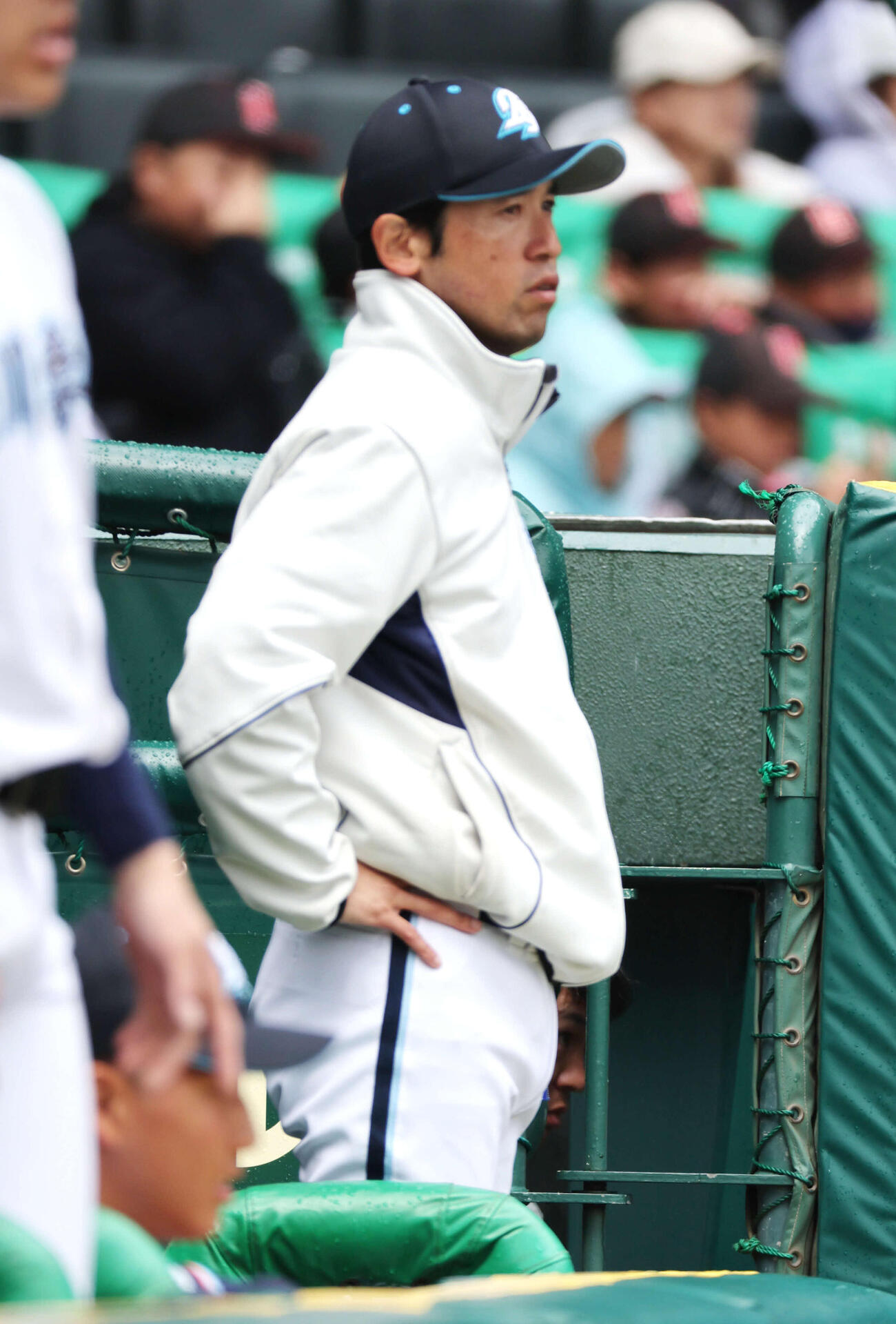高川学園対英明　試合を見守る高川学園・松本監督（撮影・西尾就之）