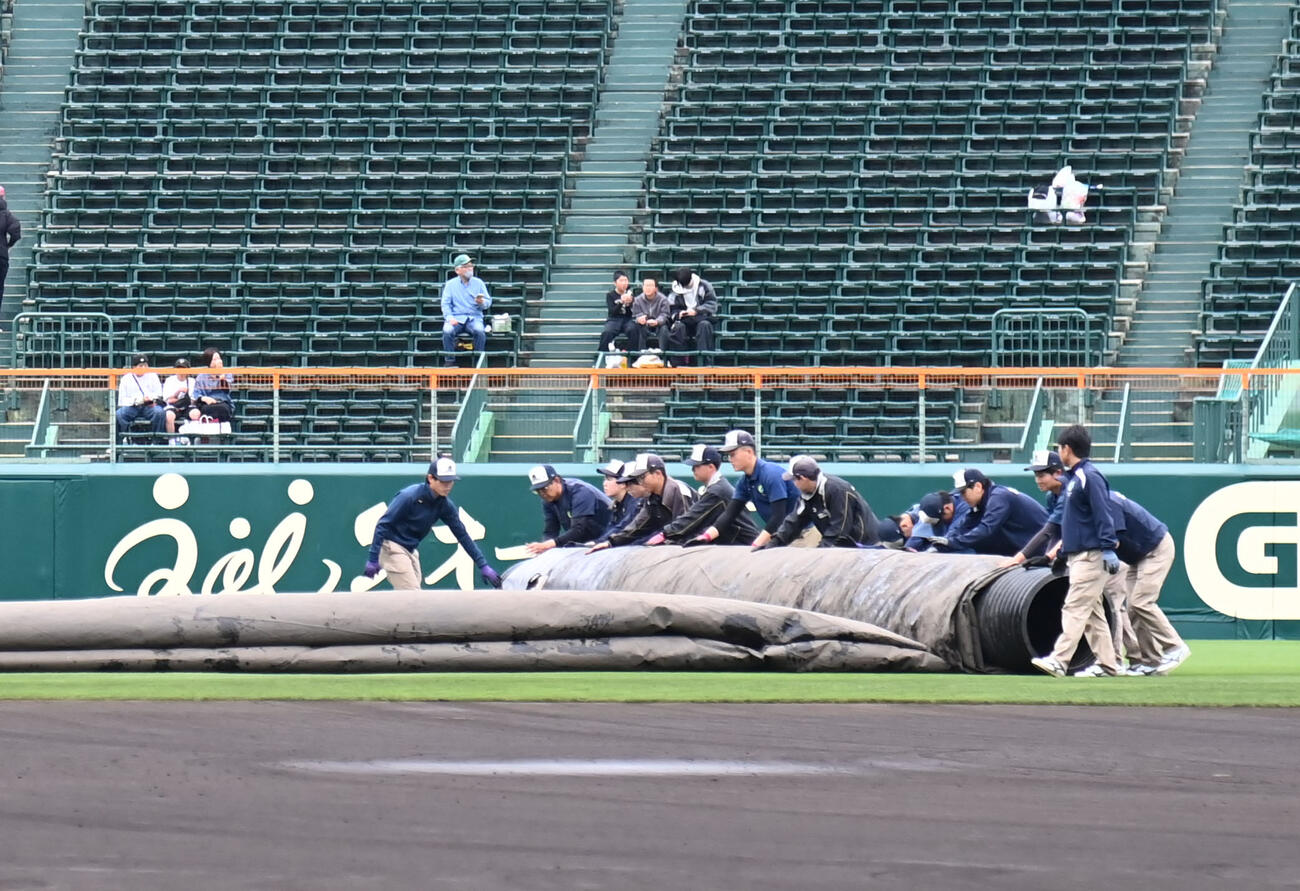 グラウンド整備をする阪神園芸のスタッフ（撮影・石井愛子）