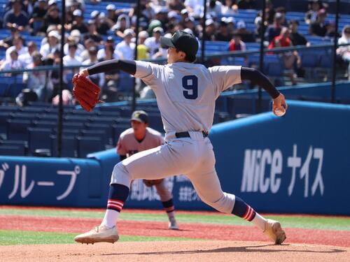 春季神奈川大会　横浜創学対慶応　慶応、先発の湯本琢心（撮影・保坂淑子）