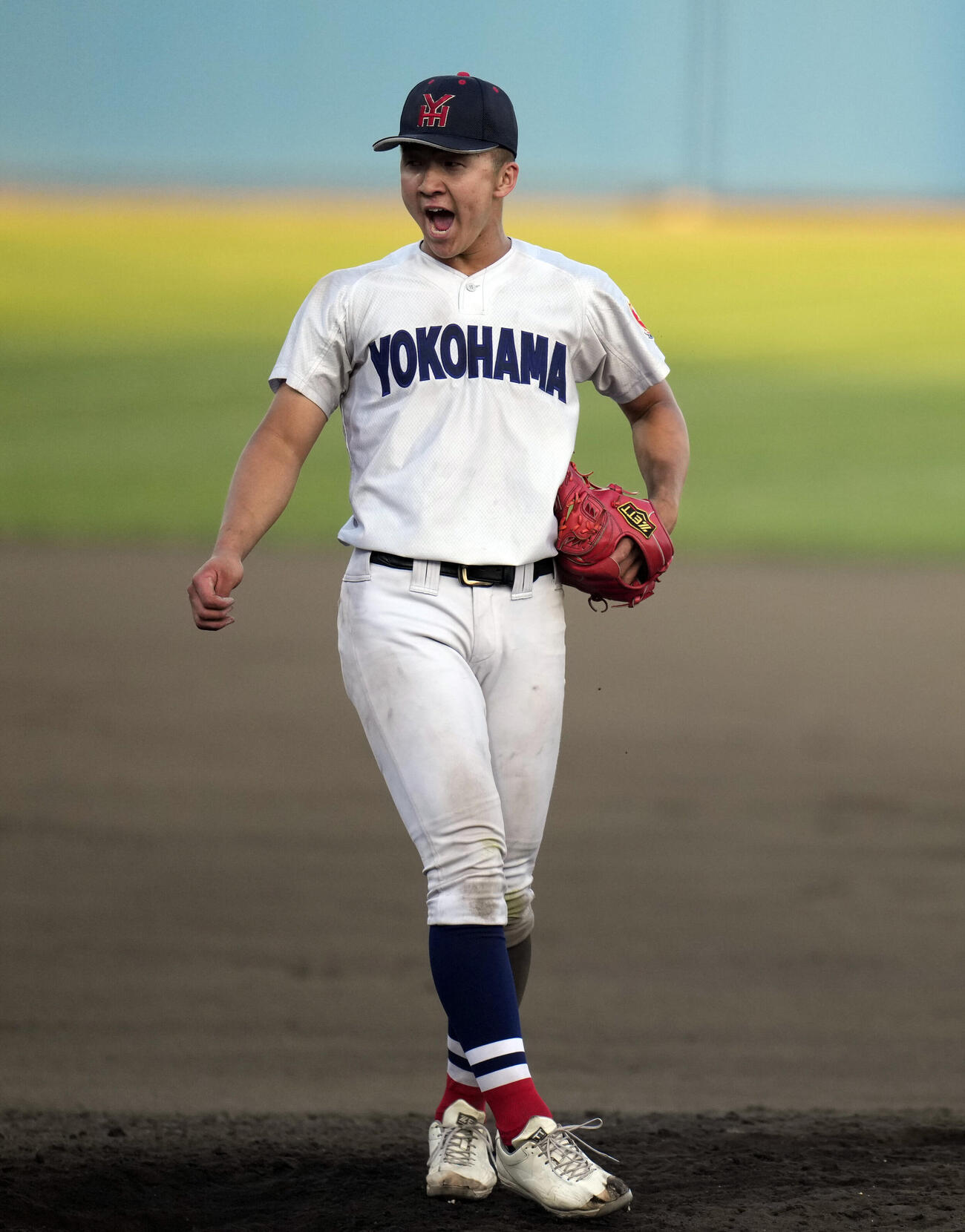 春季関東大会　横浜対国士舘　国士舘に勝利し吠える横浜・福井那留（撮影・小島史椰）
