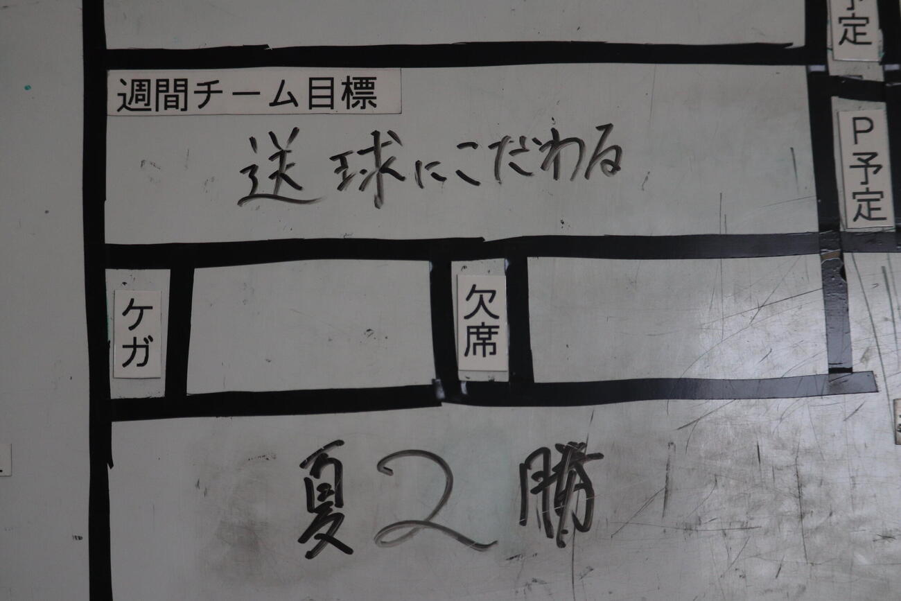 部員がホワイトボードに書き記した「夏2勝」の文字
