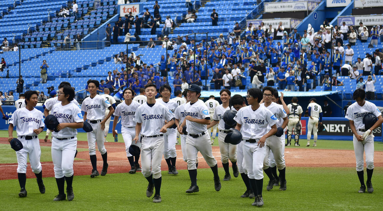 5回コールド負けを喫し、三塁側スタンドの応援席へ向かうつばさ総合の選手たち（撮影・平山連）