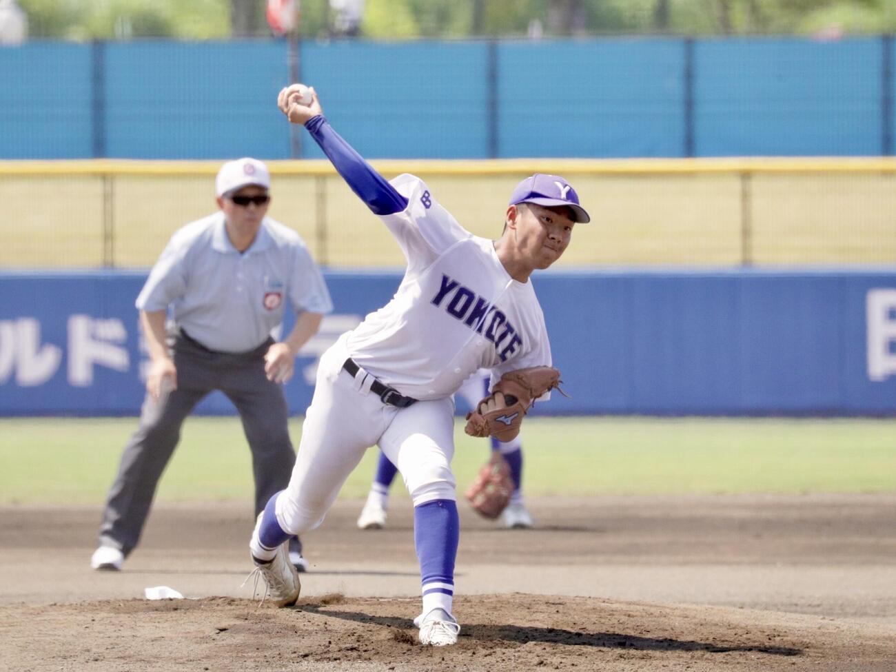 金足農対横手　先発し好投した横手・佐藤宙斗投手（撮影・高橋香奈）