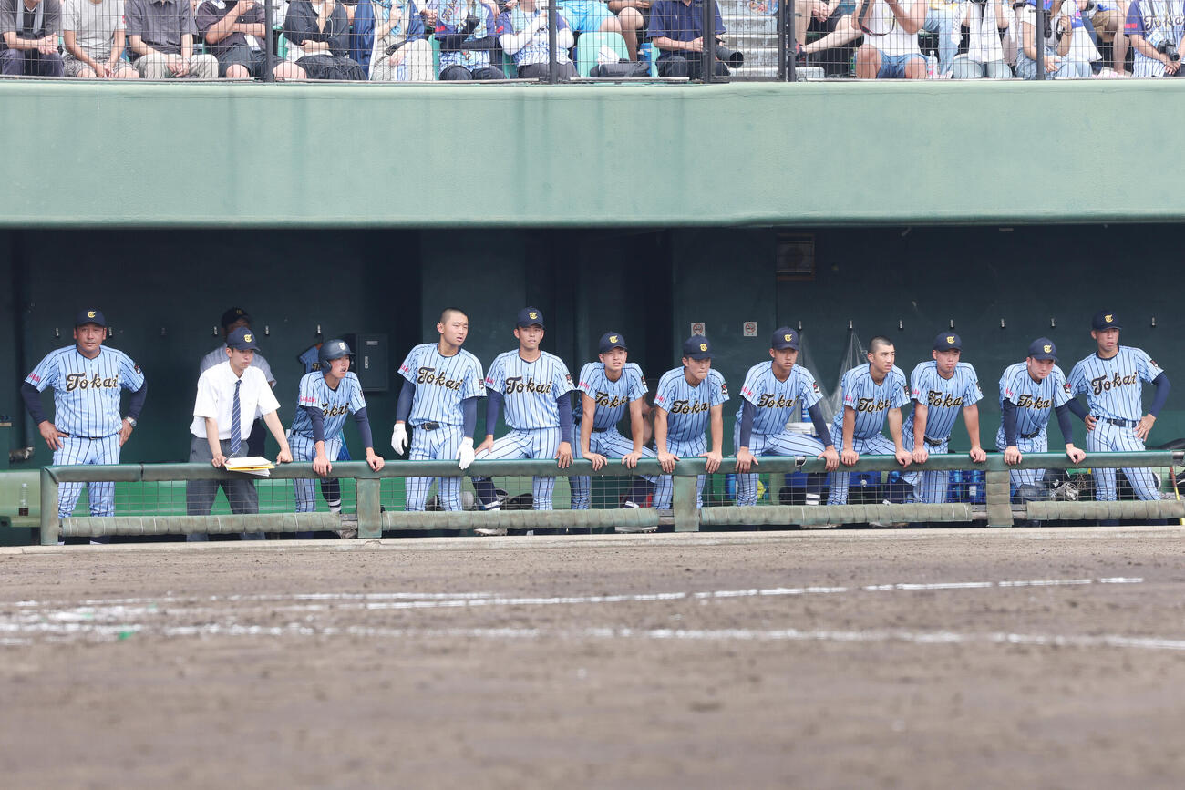 横浜対東海大相模　戦況を見つめる東海大相模・原俊介監督（左端）と選手たち（撮影・宮地輝）