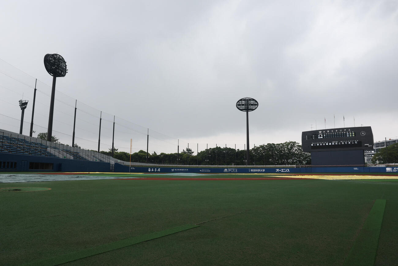 海城対駿台学園　雨がやまず継続試合となった（撮影・宮地輝）
