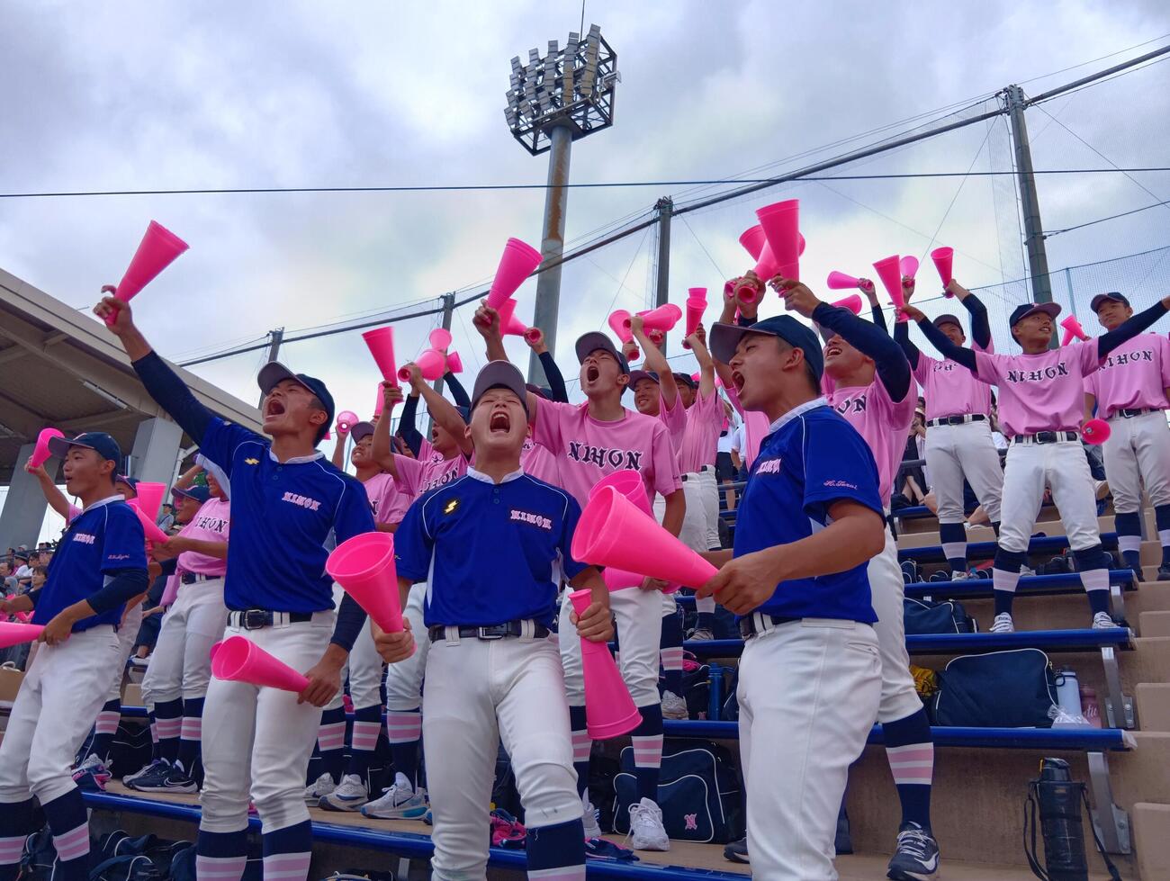 スクールカラーのピンクのTシャツでスタンドを盛り上げた日大鶴ケ丘