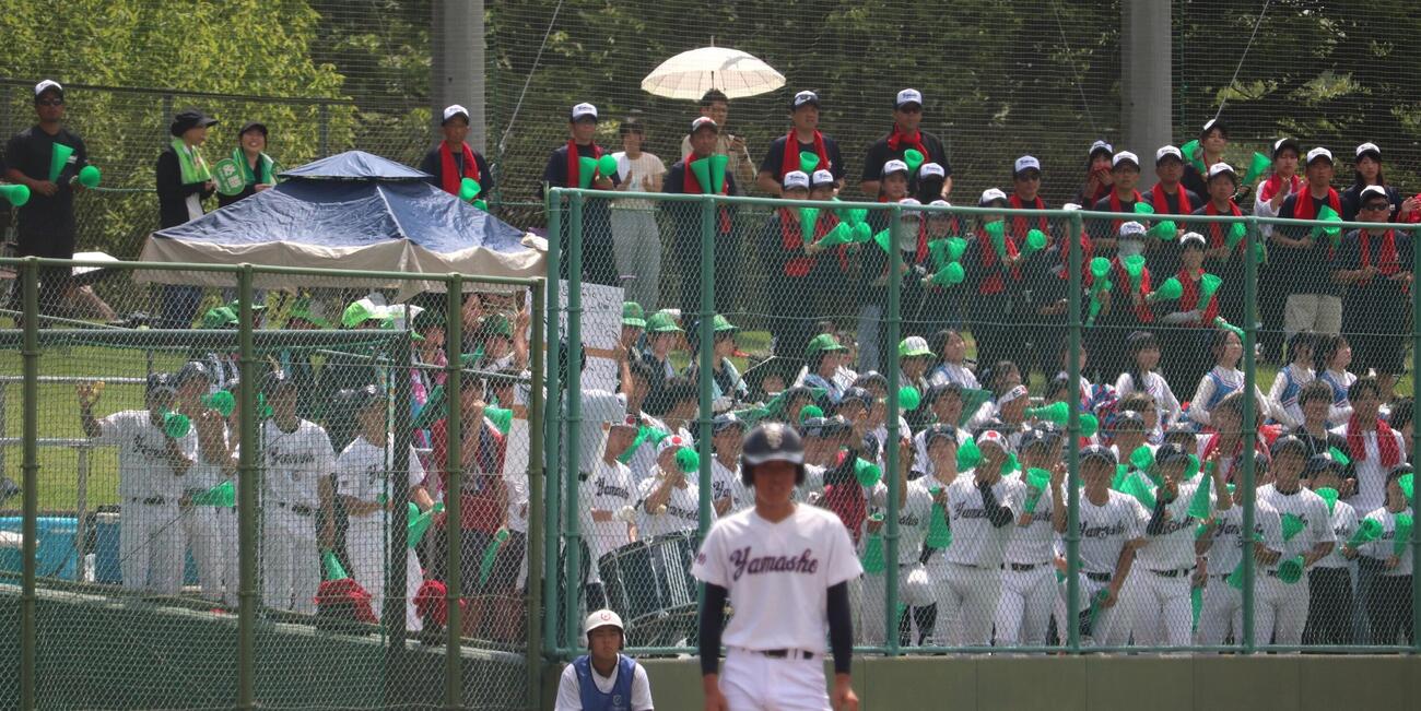 宇治山田商対昴学園　応援席で大太鼓をたたく宇治山田商（三重）の硬式野球部OB吉岡裕一郎さん（写真中央）撮影・中島麗）