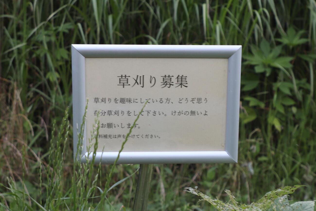 白井の野球部グラウンド内にある「草刈り募集」の看板